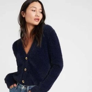 banana republic navy fur cardigan with gold buttons